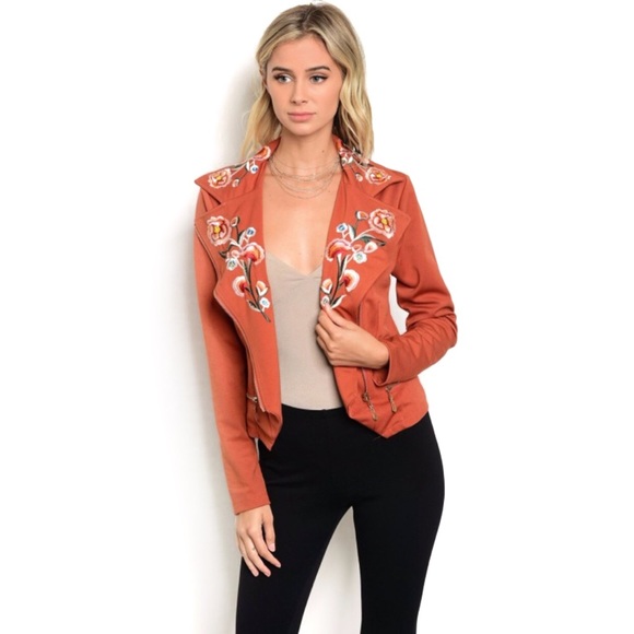 dottie + chloe Jackets & Blazers - Floral Embroidered Rust Orange Moto Jacket